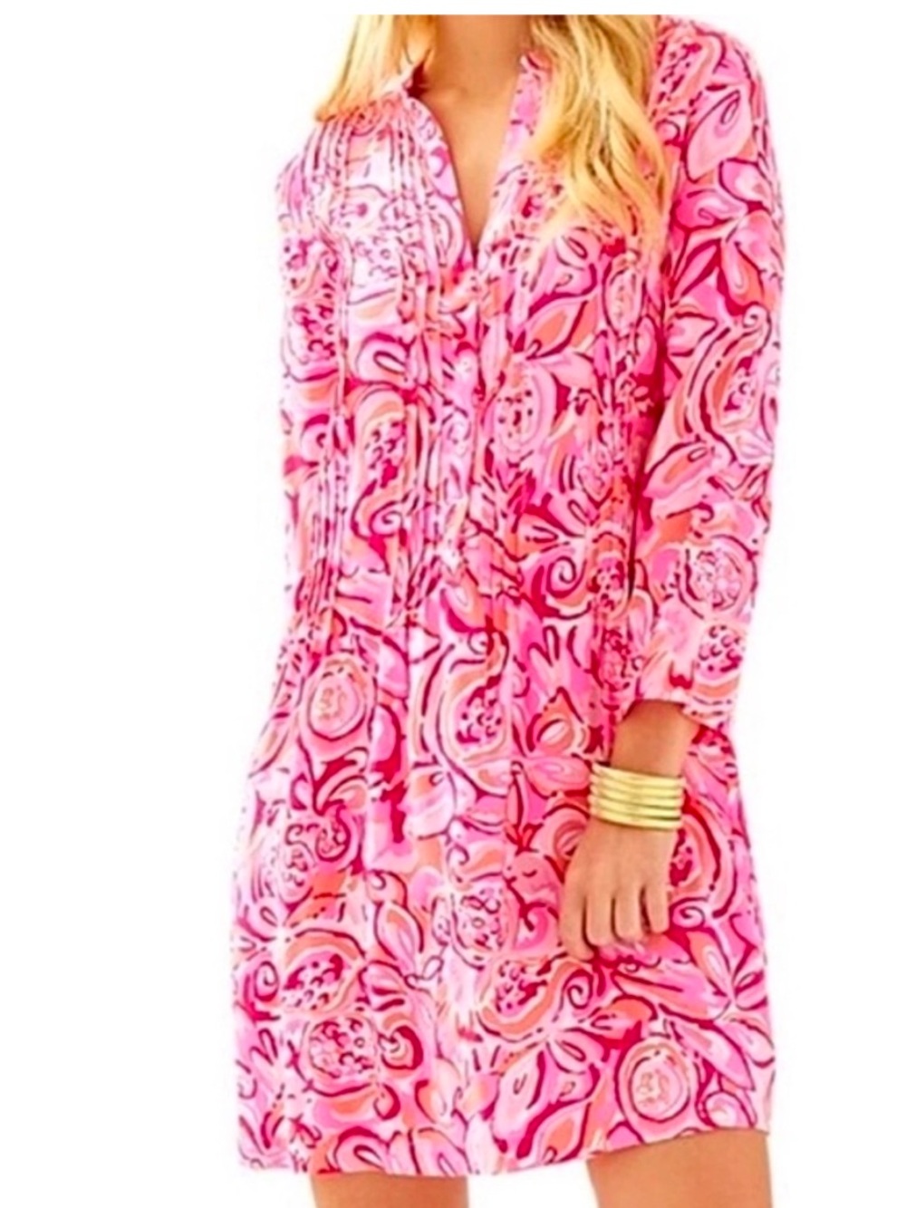 EUC Lilly Pulitzer Sarrasota Pintucked vibrant, pink mango salsa tunic dress S
